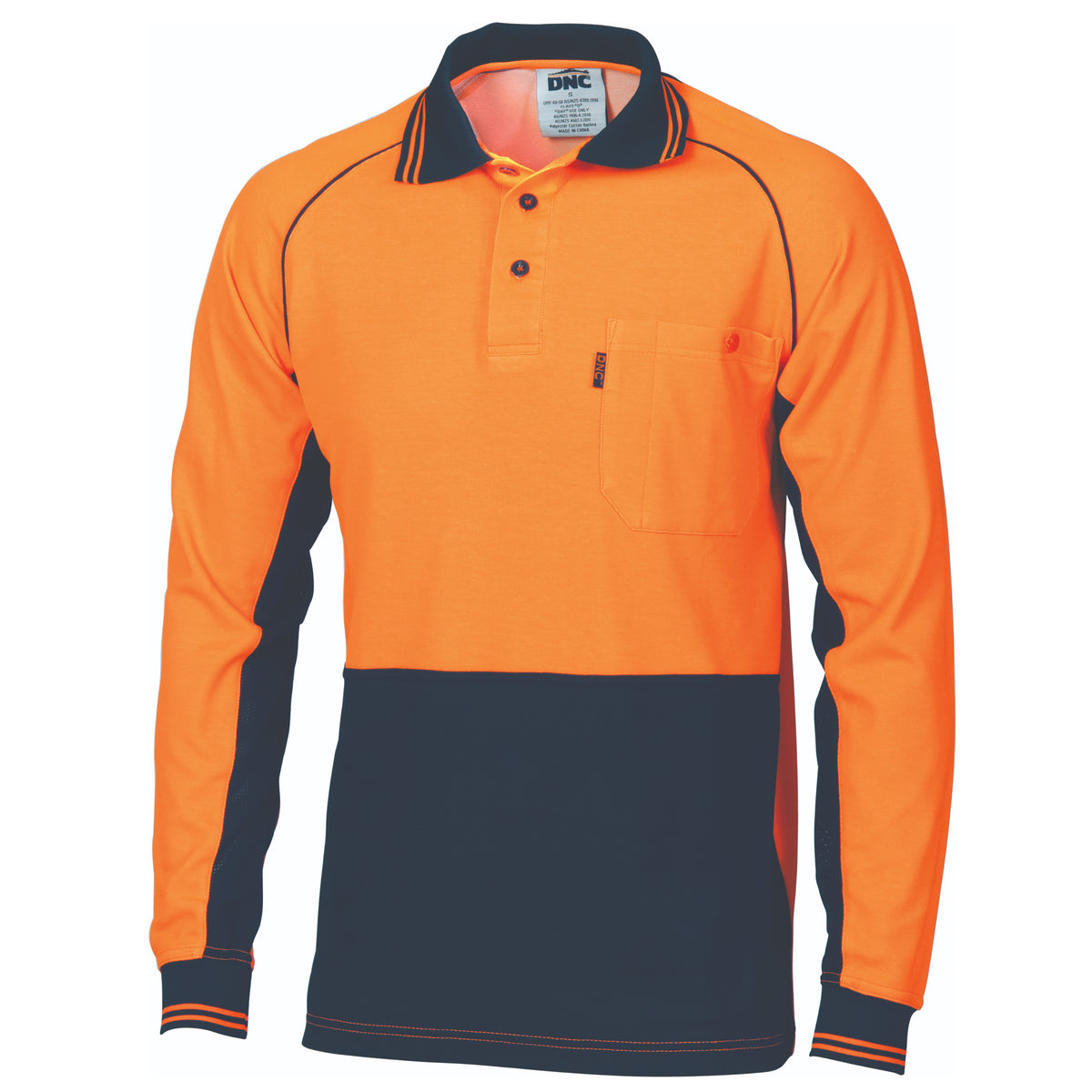 DNC HiVis Cotton Backed Cool-Breeze Contrast Polo - long Sleeve — Orange/Navy