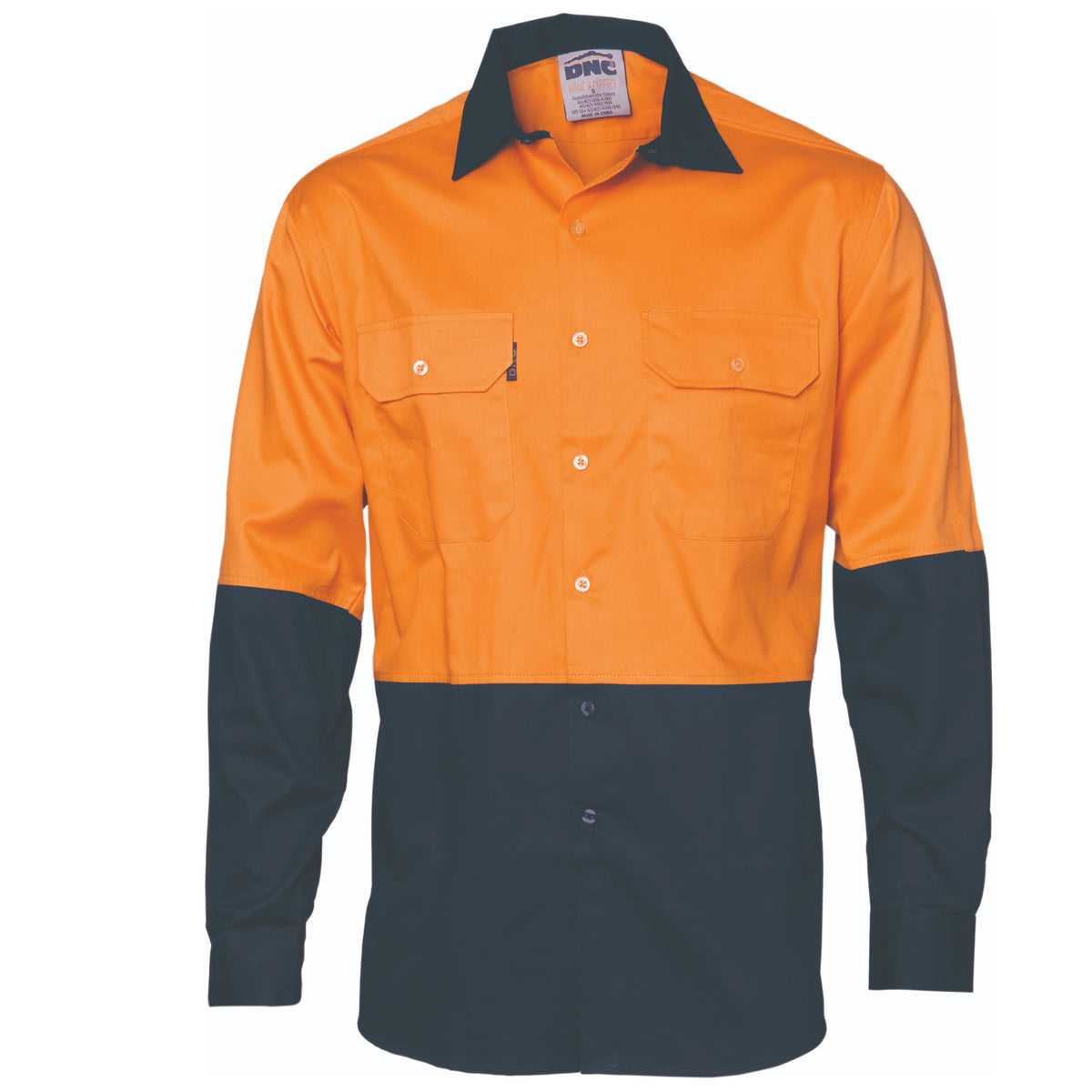 DNC HiVis Cool-Breeze Vertical Vented Cotton Shirt - Long sleeve — Orange/Navy