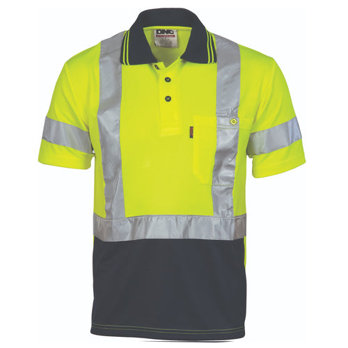 DNC HiVis D/N Cool-Breathe Polo Shirt "X" Back CSR R/Tape - Short Sleeve — Yellow/Navy