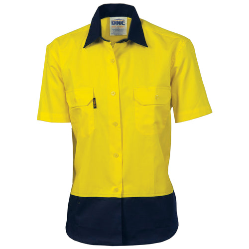 DNC Ladies HiVis Two Tone Cotton Drill Shirt - Short Sleeve — Yellow/Navy