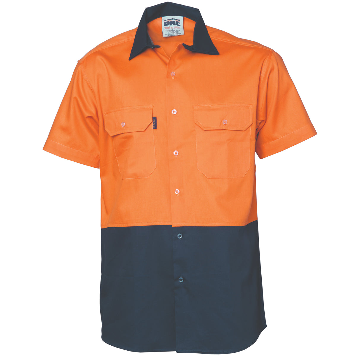 DNC 3980 HiVis Two Tone Cotton Drill Vented Shirt - Short Sleeve – Orange/Navy