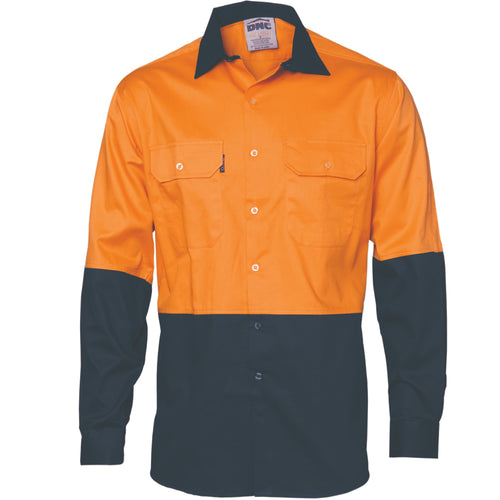 DNC HiVis Two Tone Cotton Drill Vented Shirt - Long Sleeve — Orange/Navy