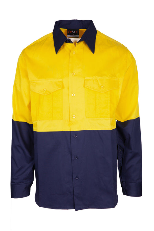 RAMO 100% Combed Cotton Drill Long Sleeve Shirts — Yellow/Navy