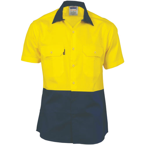 DNC HiVis Two Tone Cool-Breeze Cotton Shirt - Short Sleeve — Yellow/Navy