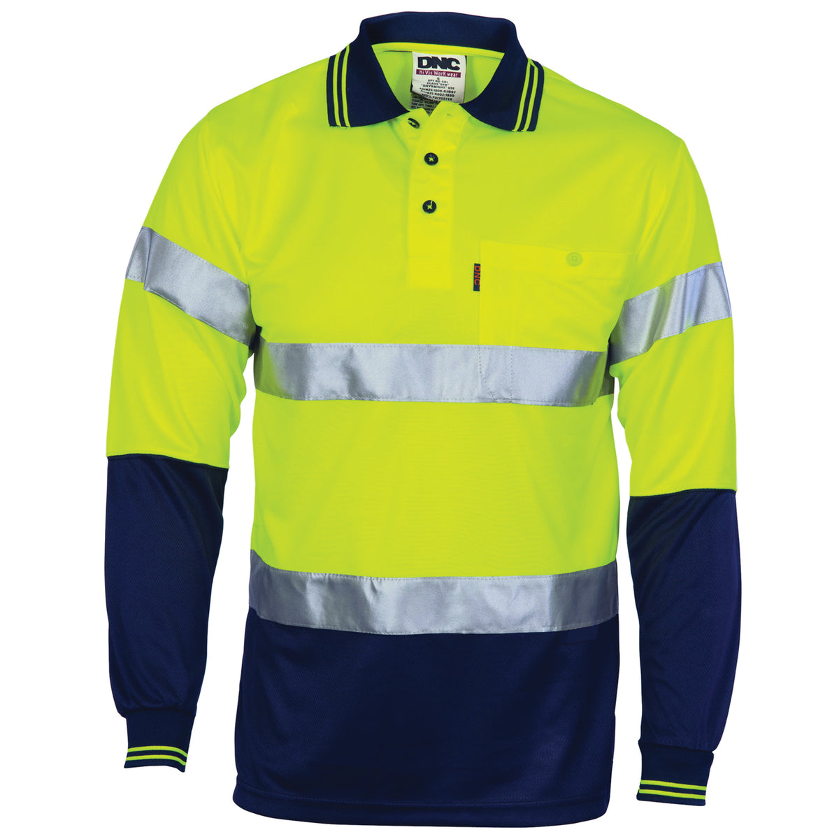 DNC HiVis D/N Cool Breathe Polo Shirt With CSR R/Tape - Long Sleeve — Yellow/Navy