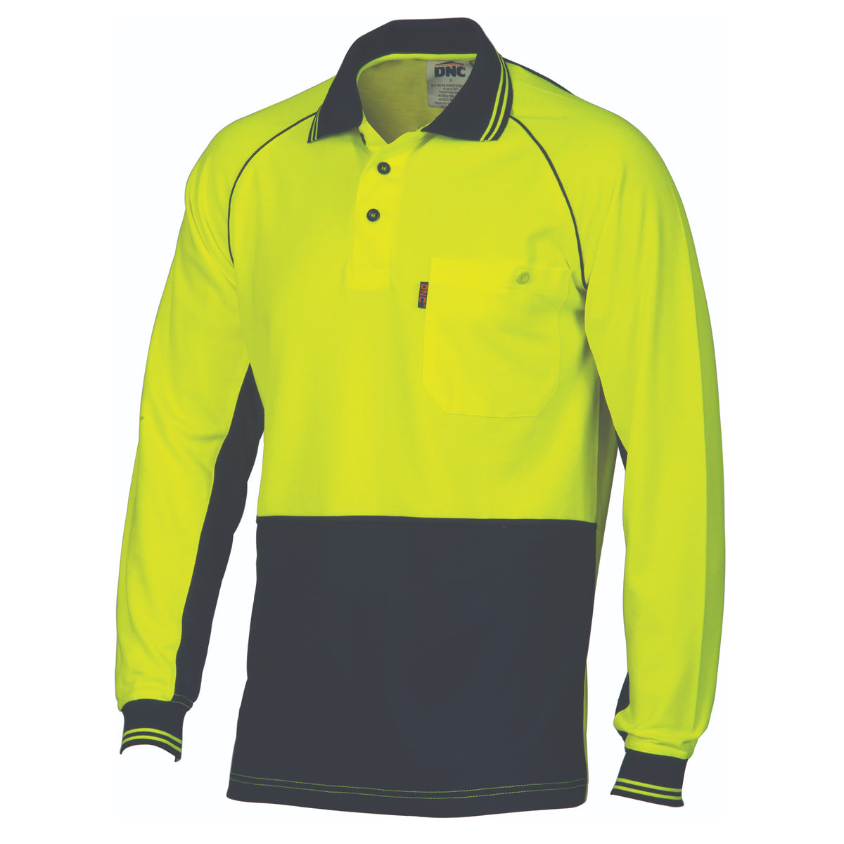 DNC HiVis Cotton Backed Cool-Breeze Contrast Polo - long Sleeve — Yellow/Navy