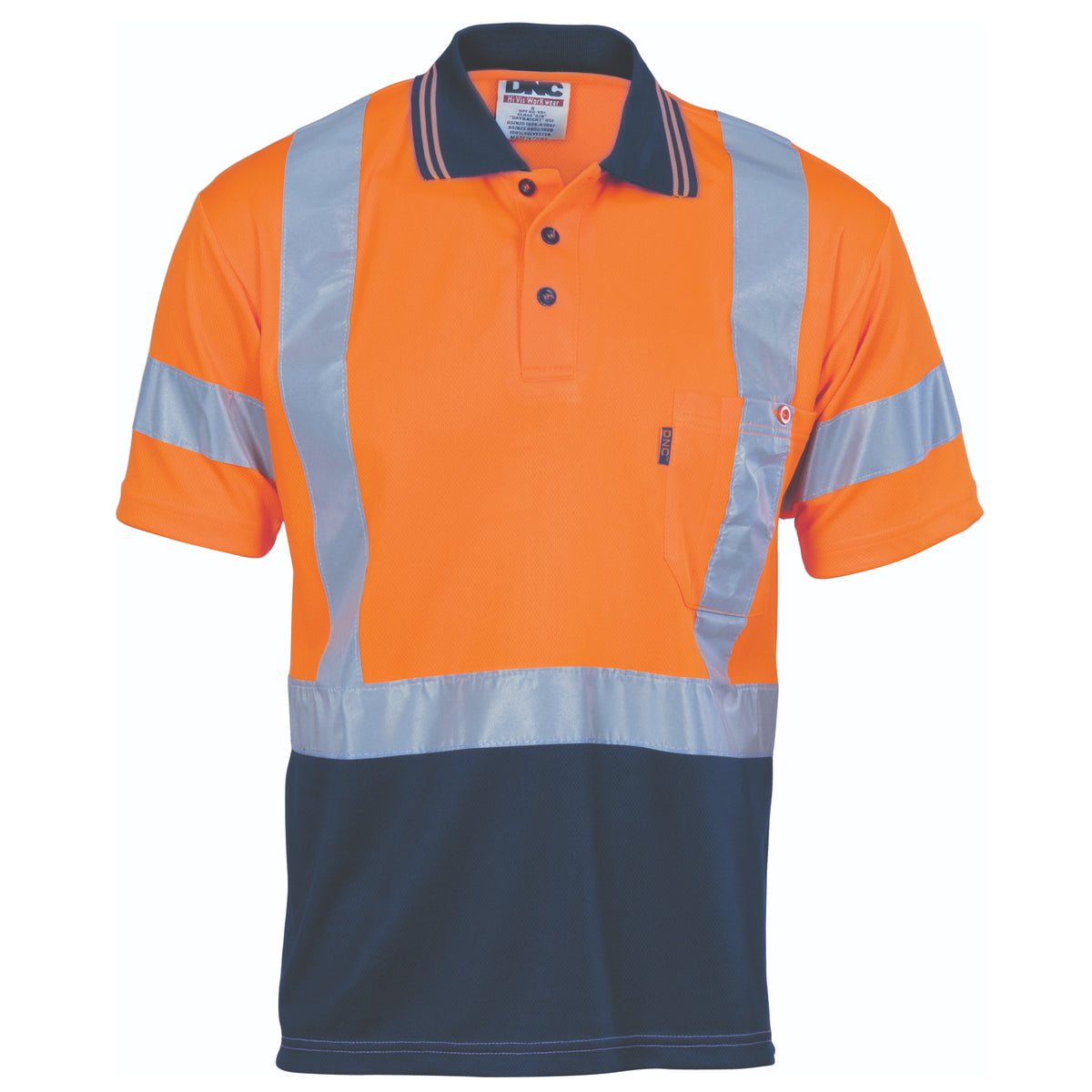 DNC HiVis D/N Cool-Breathe Polo Shirt "X" Back CSR R/Tape - Short Sleeve — Orange/Navy