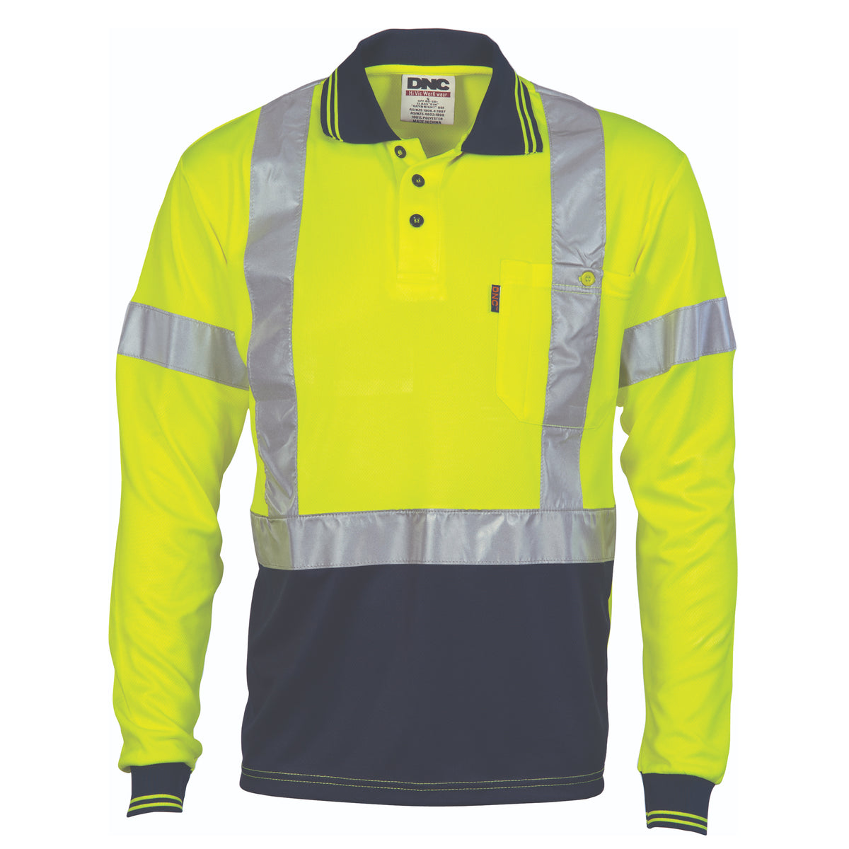 DNC HiVis D/N Cool-Breathe Polo Shirt "X" Back CSR R/Tape - Long Sleeve — Yellow/Navy