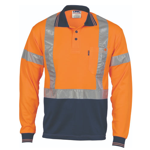 DNC HiVis D/N Cool-Breathe Polo Shirt "X" Back CSR R/Tape - Long Sleeve — Orange/Navy