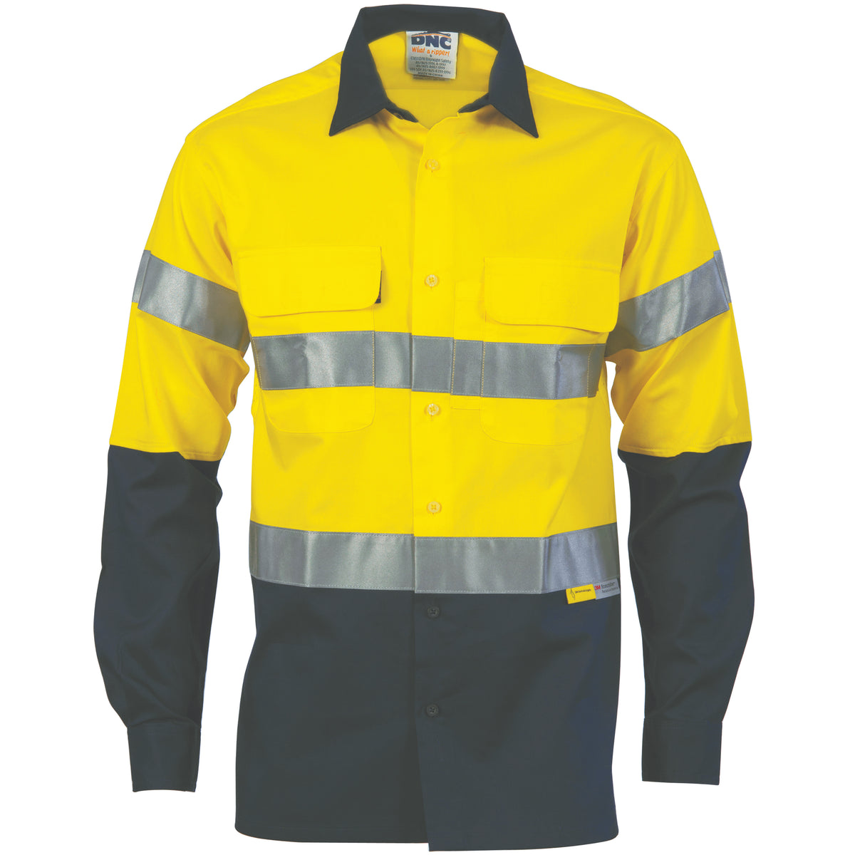 DNC HiVis Cool-Breeze Cotton Shirt with 3M 8906 R/Tape - Long Sleeve — Yellow/Navy
