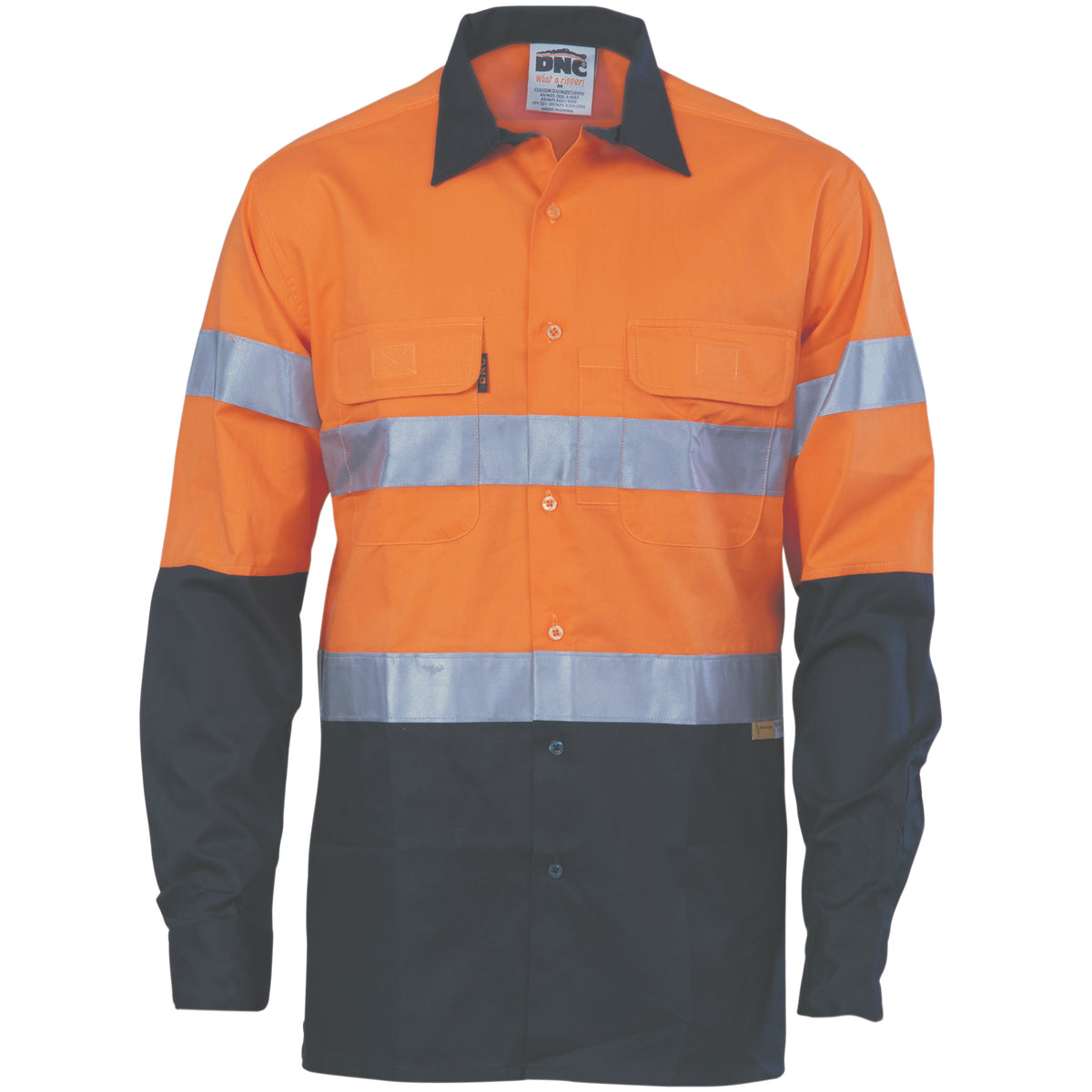 DNC HiVis Cool-Breeze Cotton Shirt with 3M 8906 R/Tape - Long Sleeve — Orange/Navy
