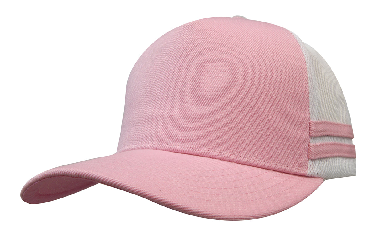 Headwear 3995 American Premium Twill/Mesh Deep Fit Trucker with Stripes - Light Pink/White/Light Pink