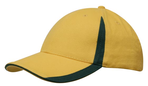 Headwear 4014 Brushed Heavy Cotton with Inserts on the Peak & Crown - Gold/Bottle