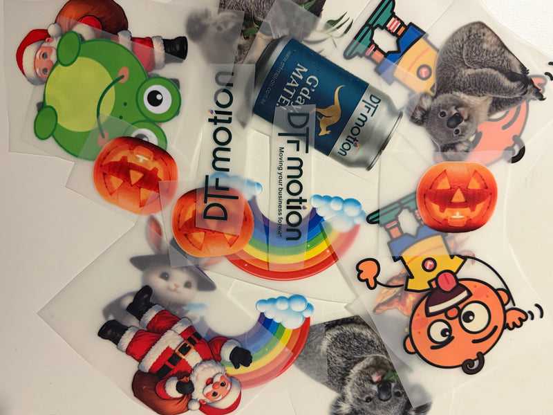 Free DTF heat transfer sample pack - assorted ready-to-press transfers on clear carrier film