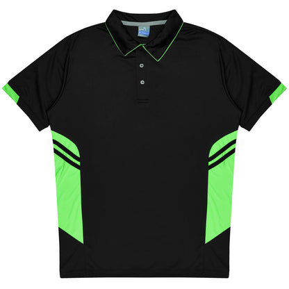 Aussie Pacific 3311 Tasman Kids' Polo — BLACK/NEON GREEN product view