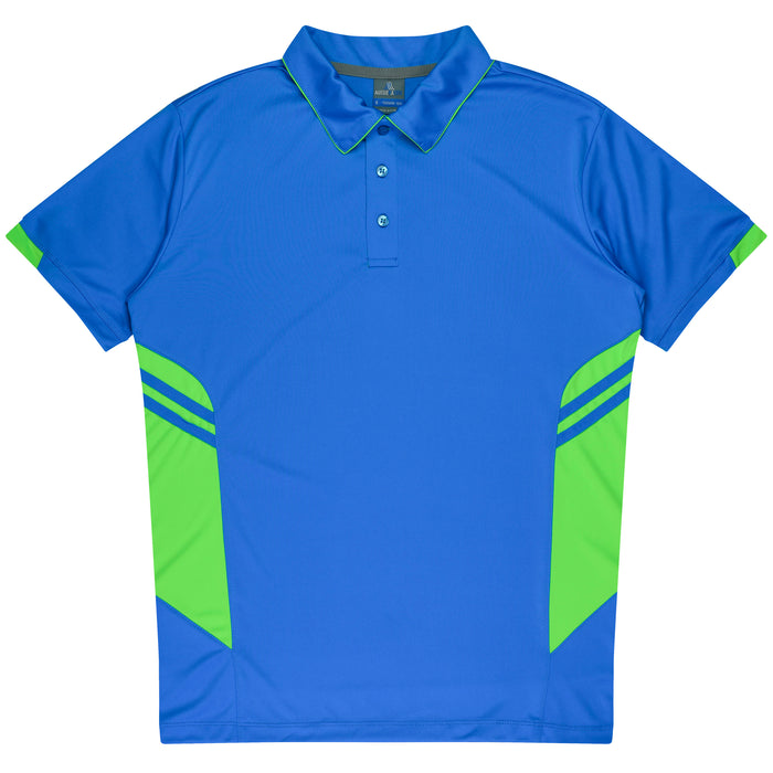 Aussie Pacific 3311 Tasman Kids' Polo — CYAN/NEON GREEN product view