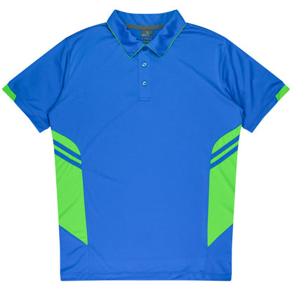 Aussie Pacific 3311 Tasman Kids' Polo — CYAN/NEON GREEN product view