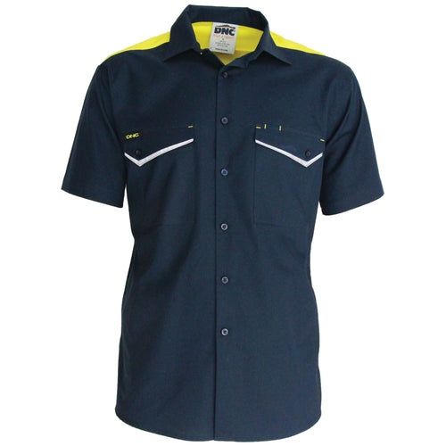 DNC RipStop Cool Cotton Tradies Shirt, Short Sleeve — Navy/HiVis Yellow