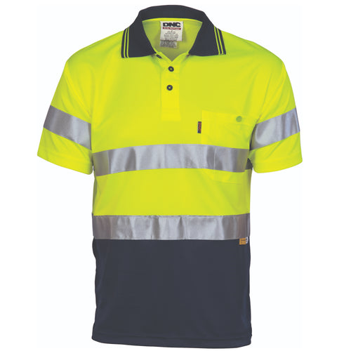 DNC HiVis Day/Night Cool-Breathe Polo Shirt With 3M 8906 Reflective Tape - Short Sleeve — Yellow/Navy