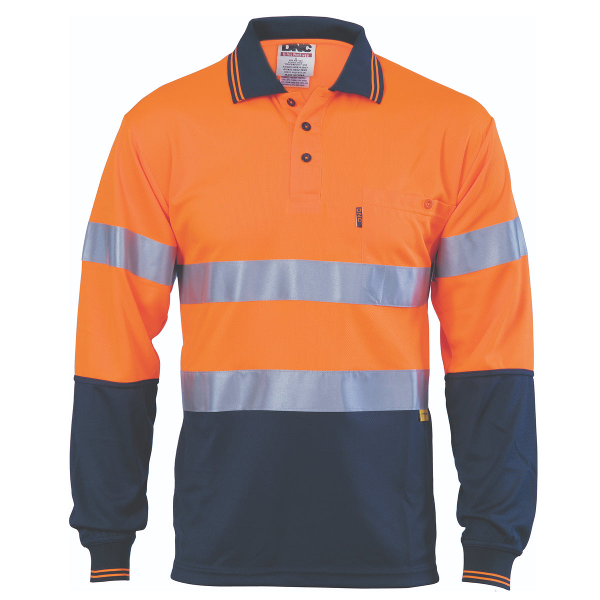 DNC 3913 HiVis Day/Night Cool-Breathe Polo Shirt with 3M 8906 Reflective Tape - Long Sleeve – Orange/Navy