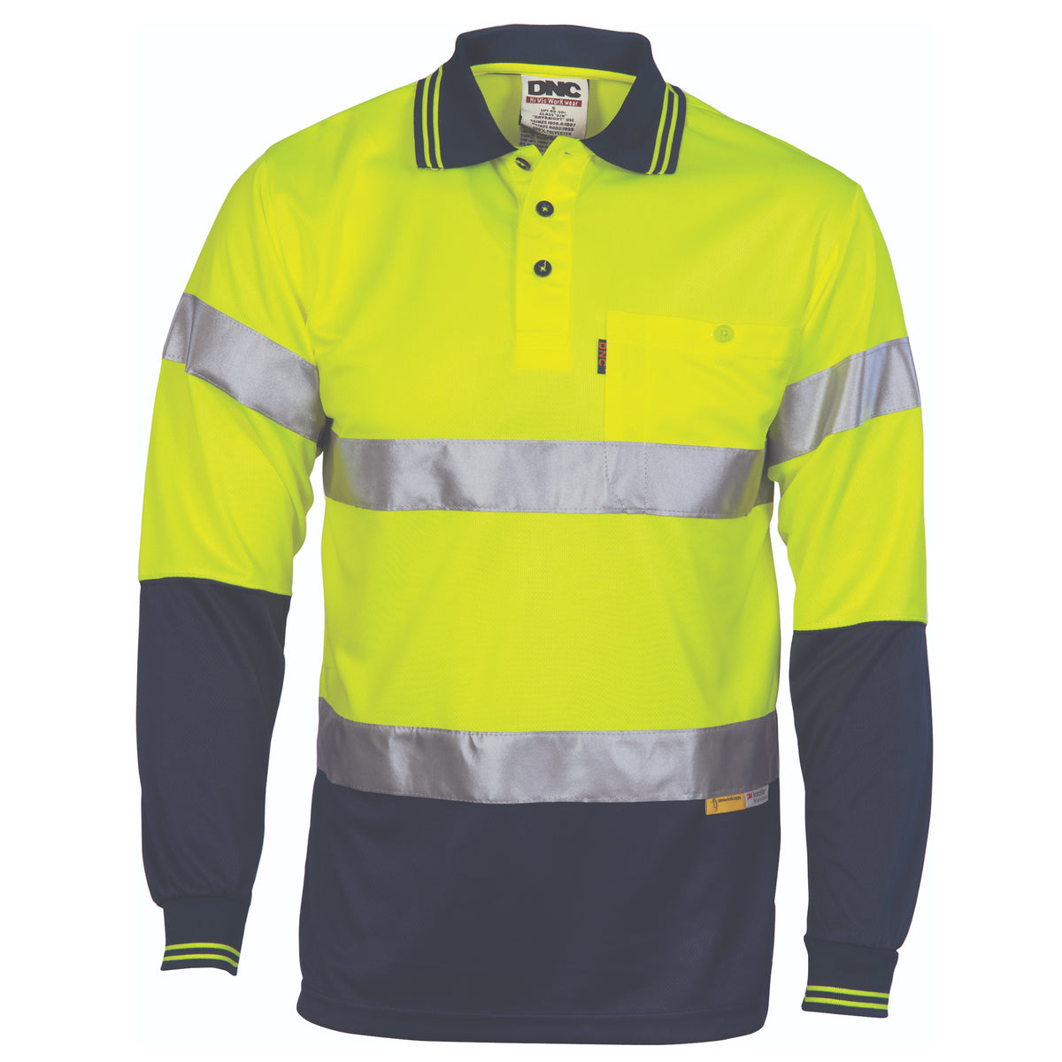 DNC 3913 HiVis Day/Night Cool-Breathe Polo Shirt with 3M 8906 Reflective Tape - Long Sleeve – Yellow/Navy