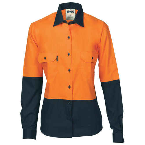 DNC Ladies HiVis Two Tone Cotton Drill Shirt - Long Sleeve — Orange/Navy