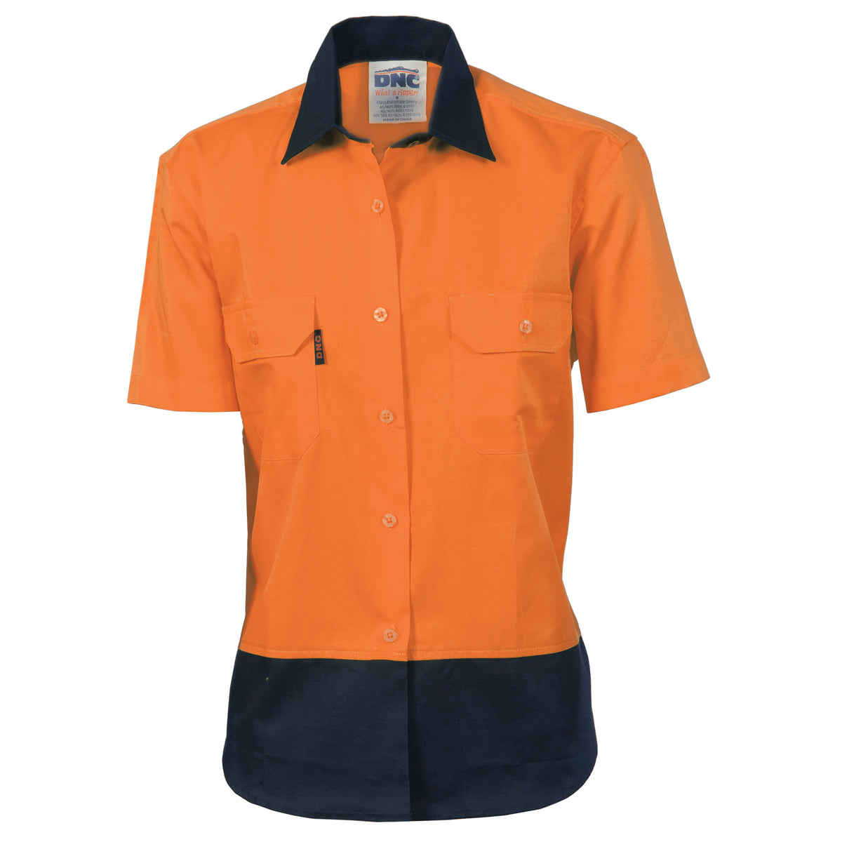 DNC 3939 Ladies HiVis Two Tone Cool-Breeze Cotton Shirt - Short Sleeve – Orange/Navy