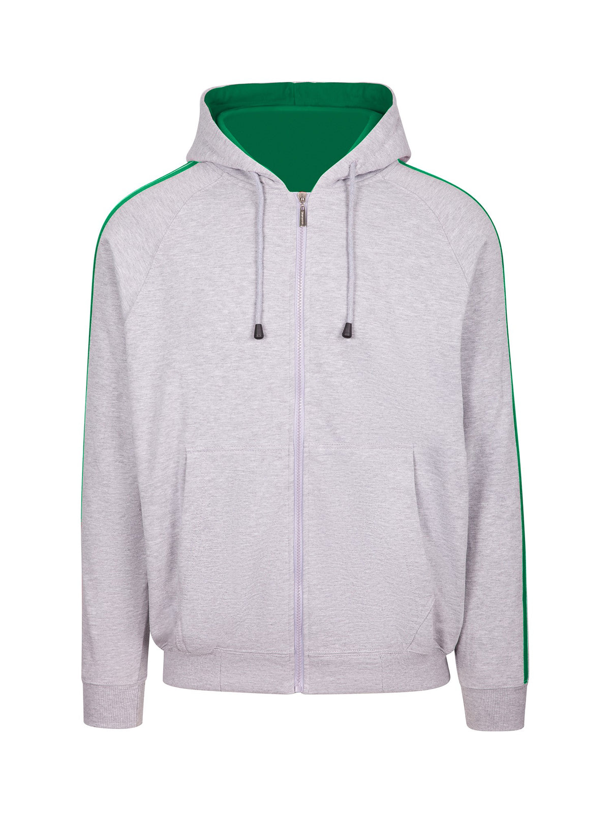 RAMO F600HZ Men’s Unbrushed Stripe Sleeve Hoodie — Grey Marl/Kelly Green front