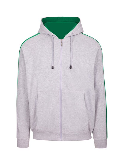 RAMO F600HZ Men’s Unbrushed Stripe Sleeve Hoodie — Grey Marl/Kelly Green front
