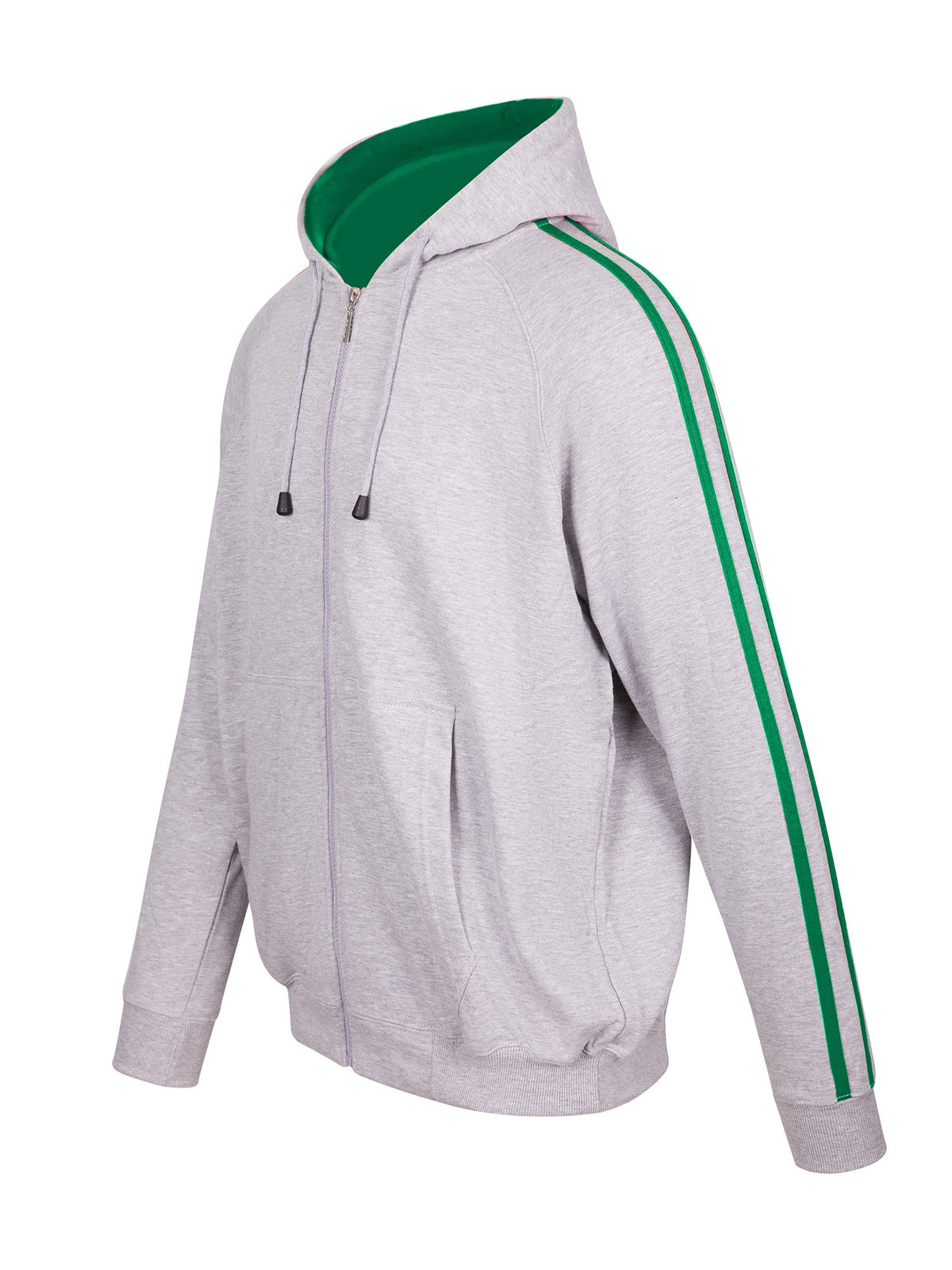 RAMO F600HZ Men’s Unbrushed Stripe Sleeve Hoodie — Grey Marl/Kelly Green side