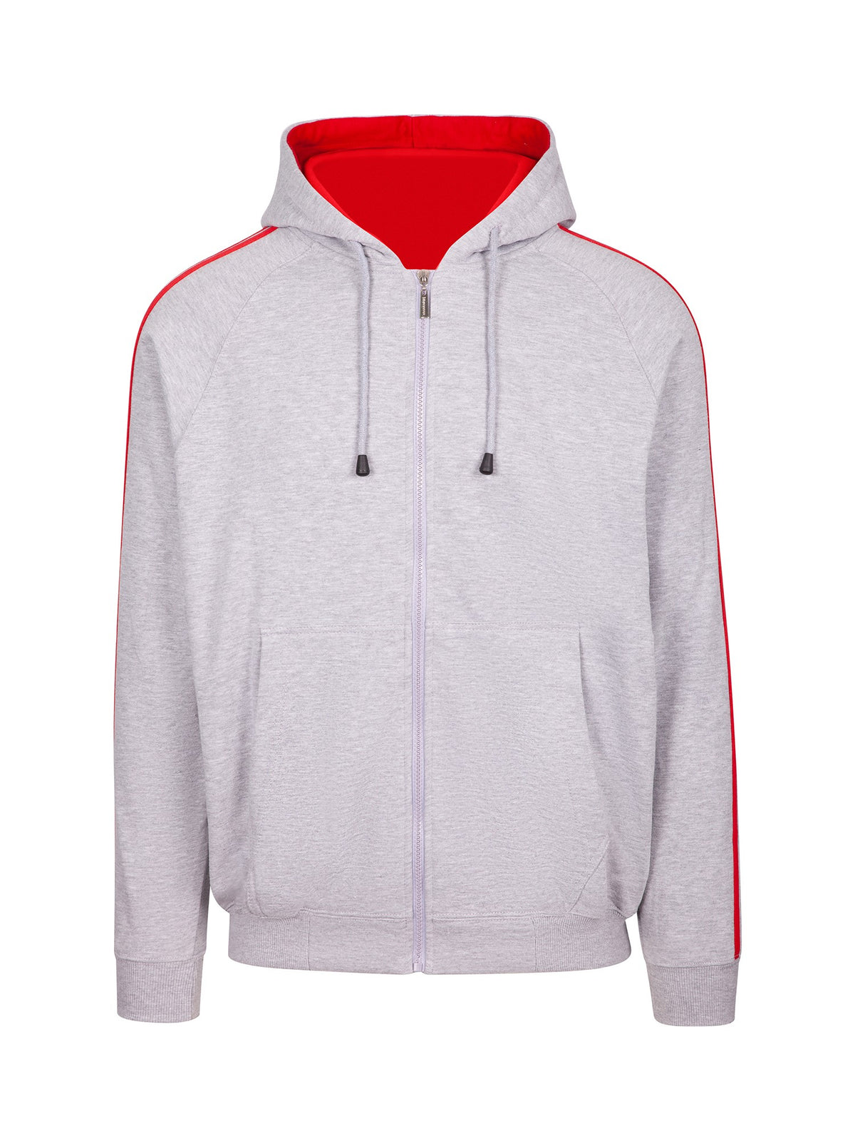 RAMO F600HZ Men’s Unbrushed Stripe Sleeve Hoodie — Grey Marl/Red front