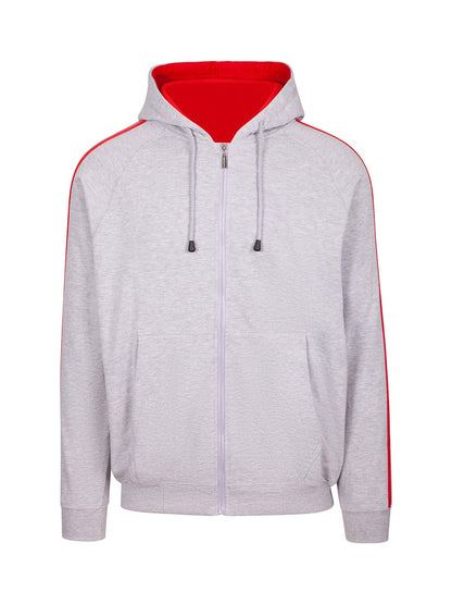 RAMO F600HZ Men’s Unbrushed Stripe Sleeve Hoodie — Grey Marl/Red front