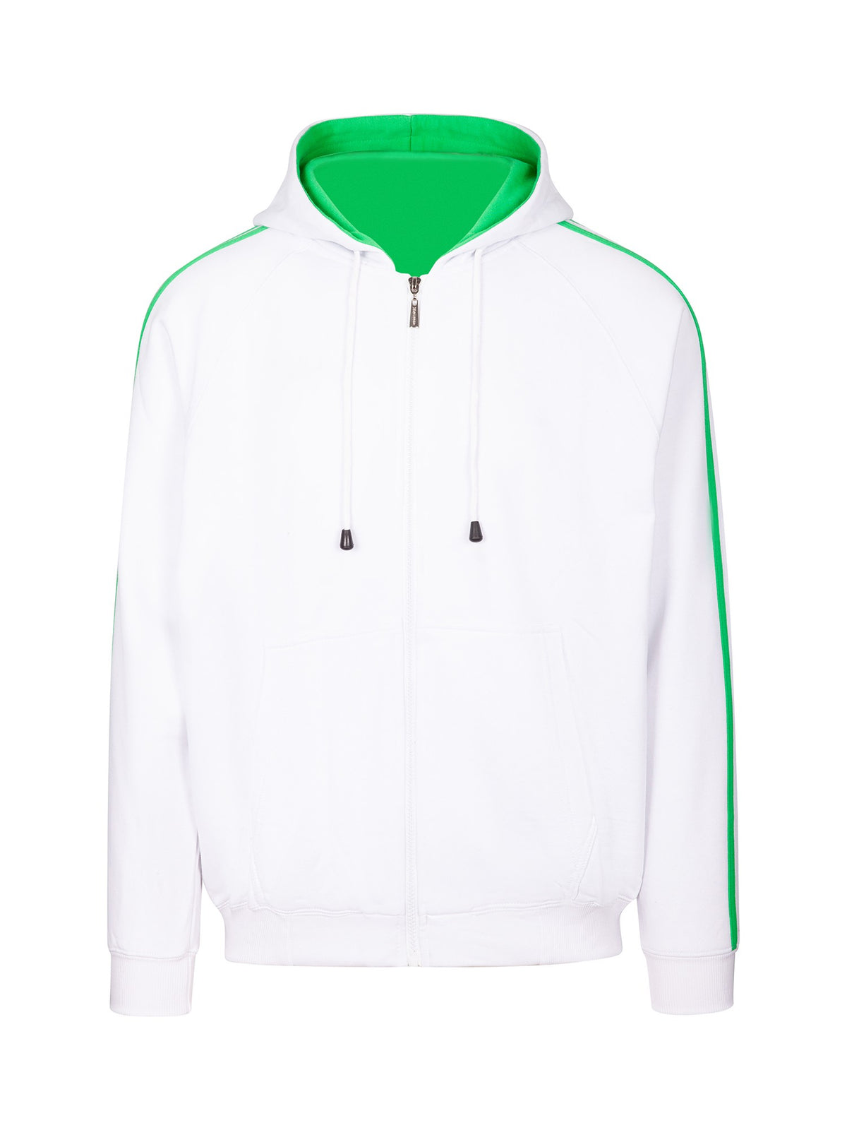 RAMO F600HZ Men’s Unbrushed Stripe Sleeve Hoodie — White/Emerald Green front