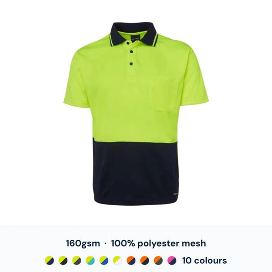 JB's 6HVNC Hi Vis Polo — 160gsm 100% polyester micro mesh, 10 hi vis colourways