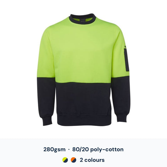 JB's 6HVCN Hi Vis Fleecy Crew — 280gsm 80/20 poly-cotton, 2 colourways