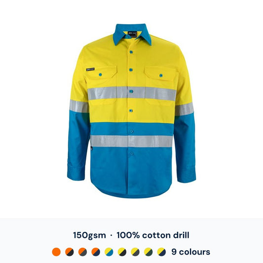 JB's 6DNWL Hi Vis Day/Night L/S Work Shirt - 150gsm 100% cotton drill, 9 colourways