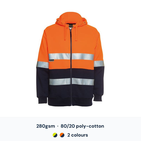 JB's 6DNH Hi Vis Day/Night Full Zip Fleecy Hoodie - 280gsm 80/20 poly-cotton, 2 colourways