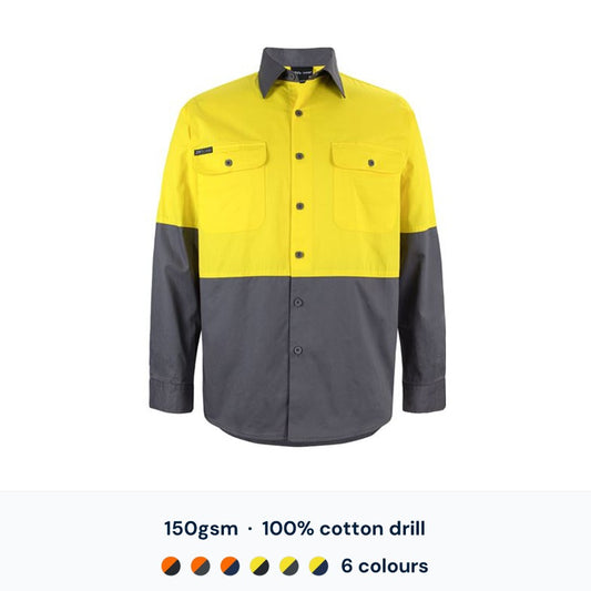 JB's 6HWSL Hi Vis L/S Work Shirt - 150gsm 100% cotton drill, 6 colourways