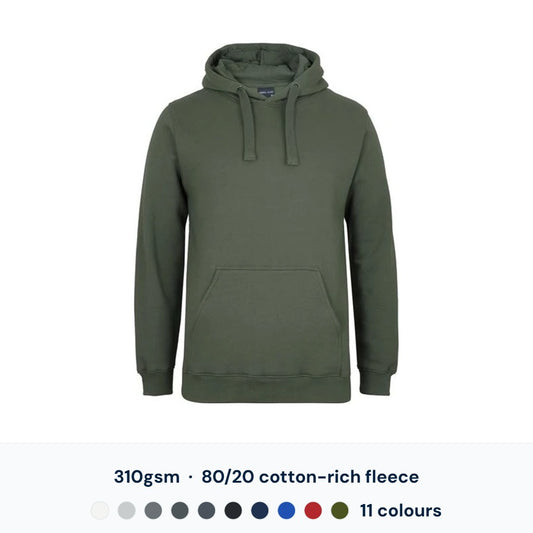 JB's Wear Fleecy Hoodie — 310gsm cotton-rich fleece, 11 colours