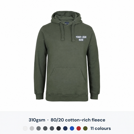 JB's Wear Fleecy Hoodie with high-contrast YOUR LOGO HERE left chest print