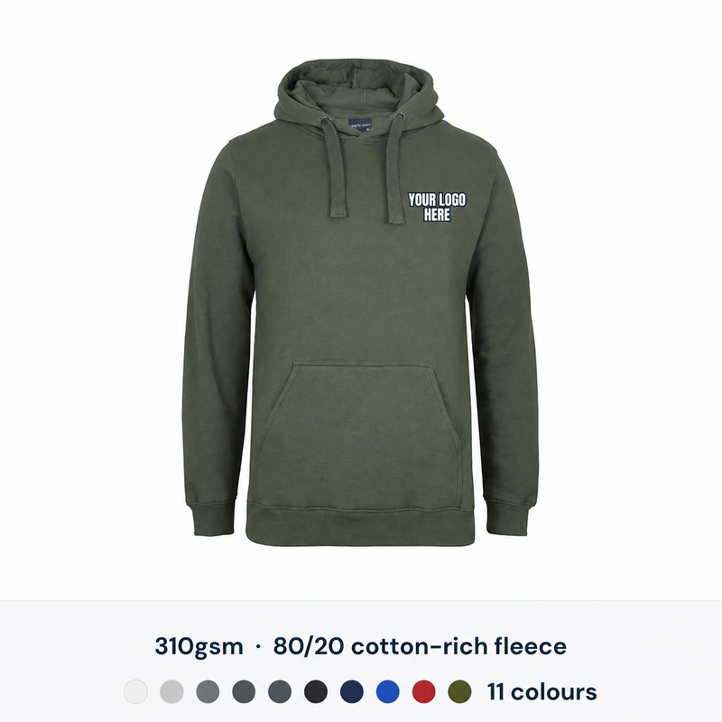 JB's Wear Fleecy Hoodie with high-contrast YOUR LOGO HERE left chest print
