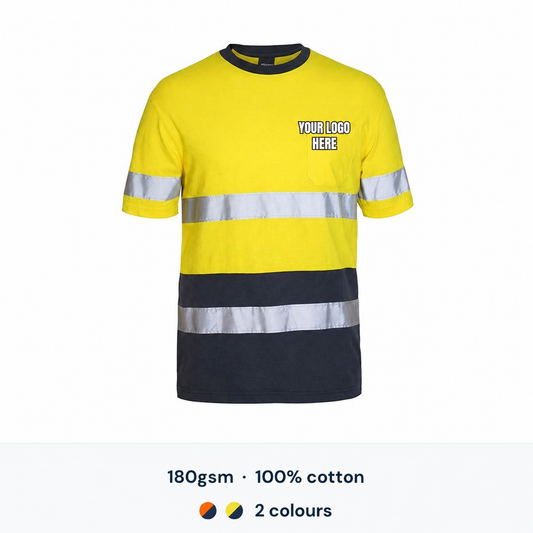 JB's Wear Hi Vis Day/Night Cotton Tee with high-contrast YOUR LOGO HERE left chest print