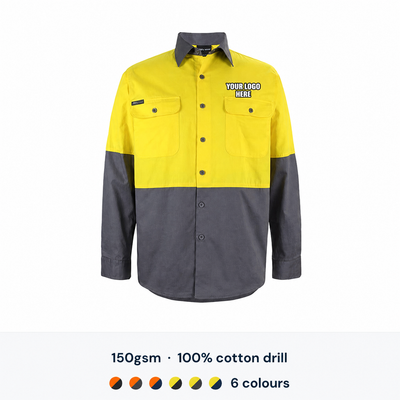JB's Wear Hi Vis L/S Work Shirt with high-contrast YOUR LOGO HERE left chest print
