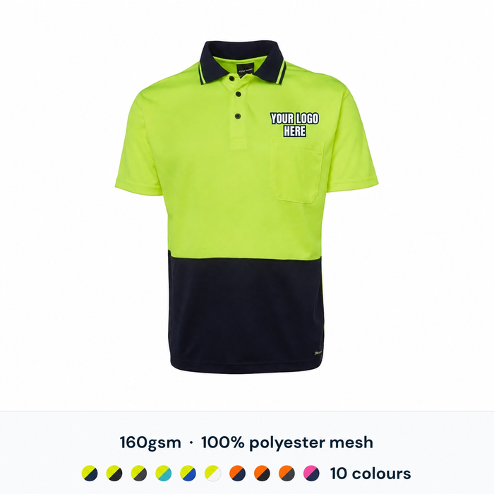 JB's Wear Hi Vis Polo with high-contrast YOUR LOGO HERE left chest print