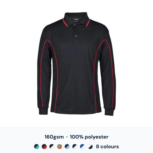 JB's 7PIPL Podium L/S Piping Polo — 160gsm 100% polyester, 8 two-tone colourways