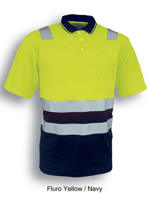 Bocini Unisex Hi-Vis Polyface / Cotton Back Polo With Reflective Tape — Yellow / Navy