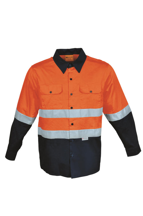 Bocini Unisex Hi-Vis L/S Cotton Drill Shirt With Reflective Tape — Orange / Navy