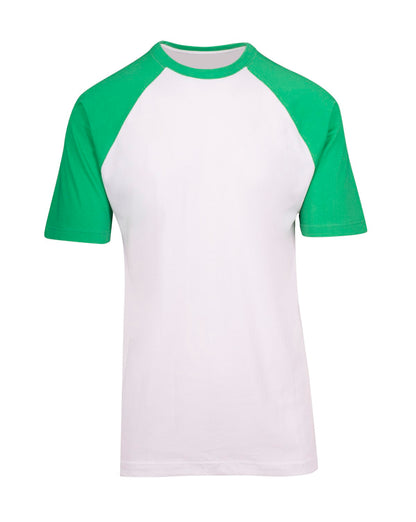 RAMO T232RG Unisex Contrast Raglan Sleeve Tee — White/Emerald Green front