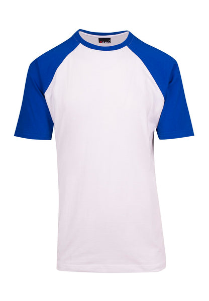 RAMO T232RG Unisex Contrast Raglan Sleeve Tee — White/Royal front
