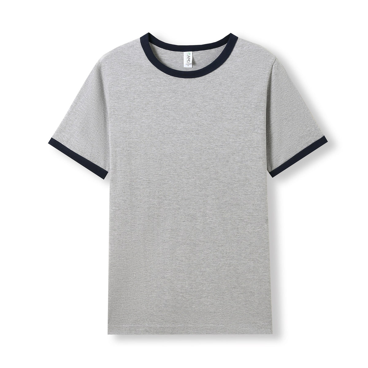 RAMO T525RN Unisex Combed Cotton Ringer Tee — Grey Marl/Navy front